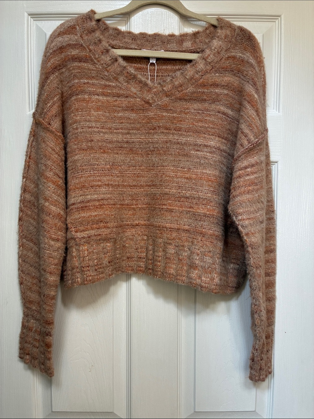Adyson Parker V-Neck Fuzzy Knit Sweater in Warm Brown Blend